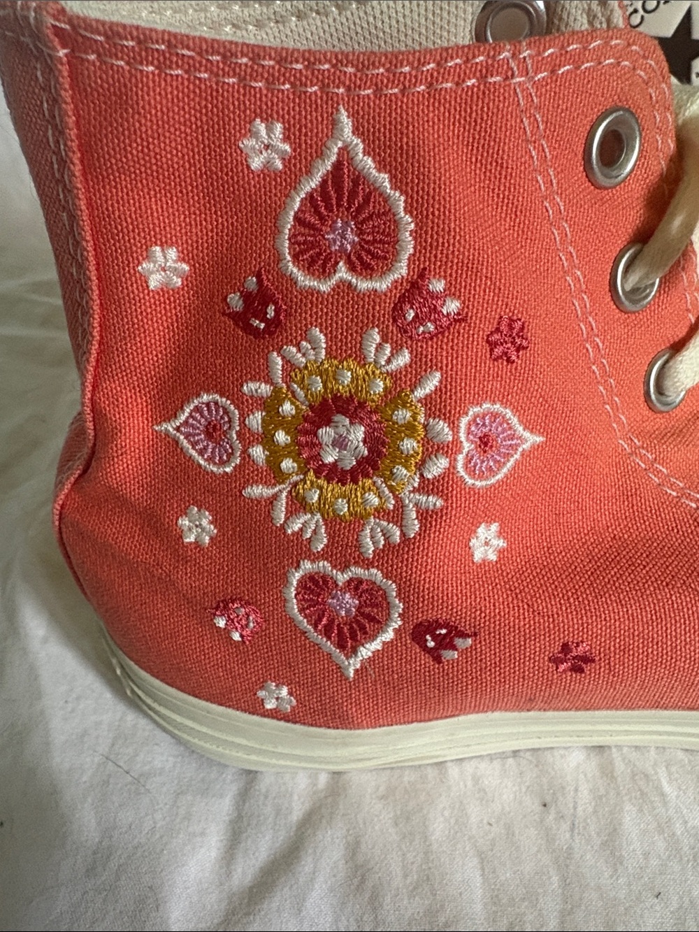 Converse High Top Sneakers in Coral with Embroidered Floral Detail - Picture 3 of 7